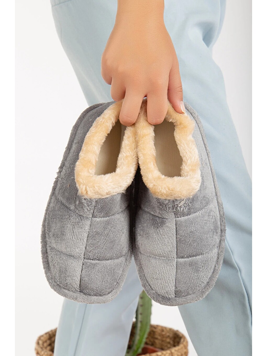 Gri Unisex Pelüş Içi Yünlü Kışlık Panduf Ev Pandufu Lacivert-3
