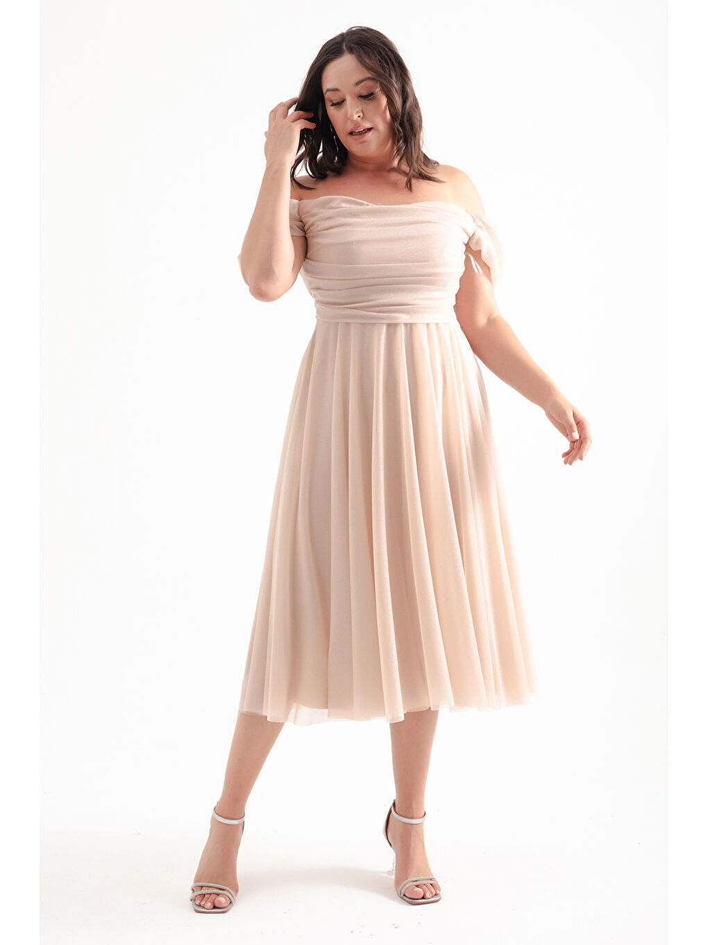 Kadın Bej Kayık Yaka Drapeli Midi Kloş Büyük Beden Abiye Elbise