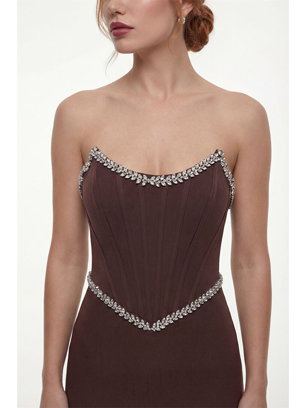 Kadın Kahverengi Dar Kalıp Straplez Taşlı Peplum Kesim Söz Nişan Nikah Abiye-2