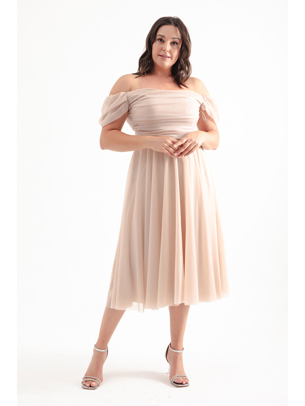 Kadın Bej Kayık Yaka Drapeli Midi Kloş Büyük Beden Abiye Elbise-1