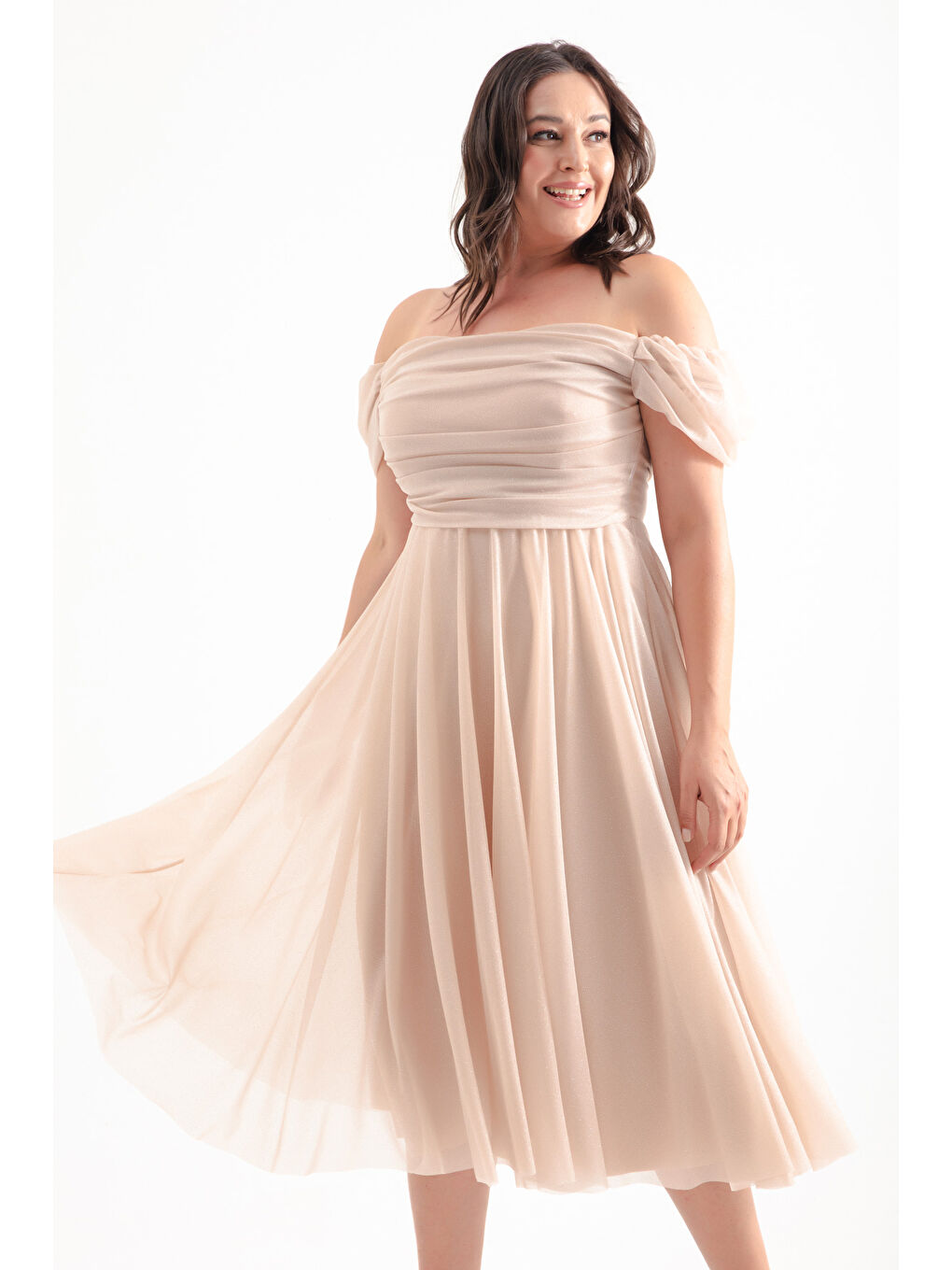 Kadın Bej Kayık Yaka Drapeli Midi Kloş Büyük Beden Abiye Elbise-2