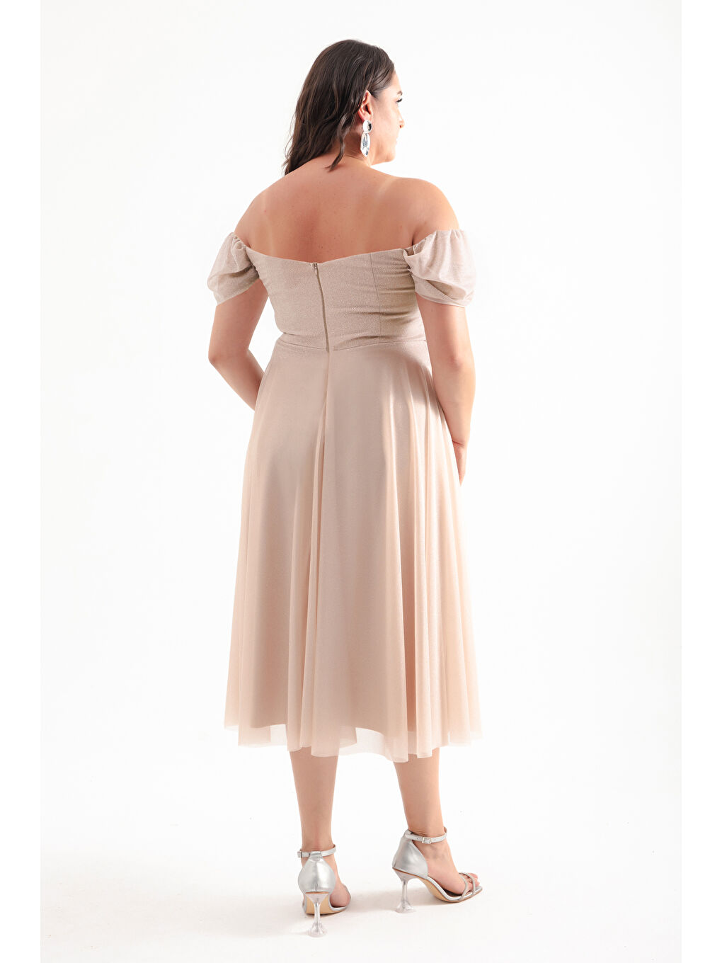 Kadın Bej Kayık Yaka Drapeli Midi Kloş Büyük Beden Abiye Elbise-4