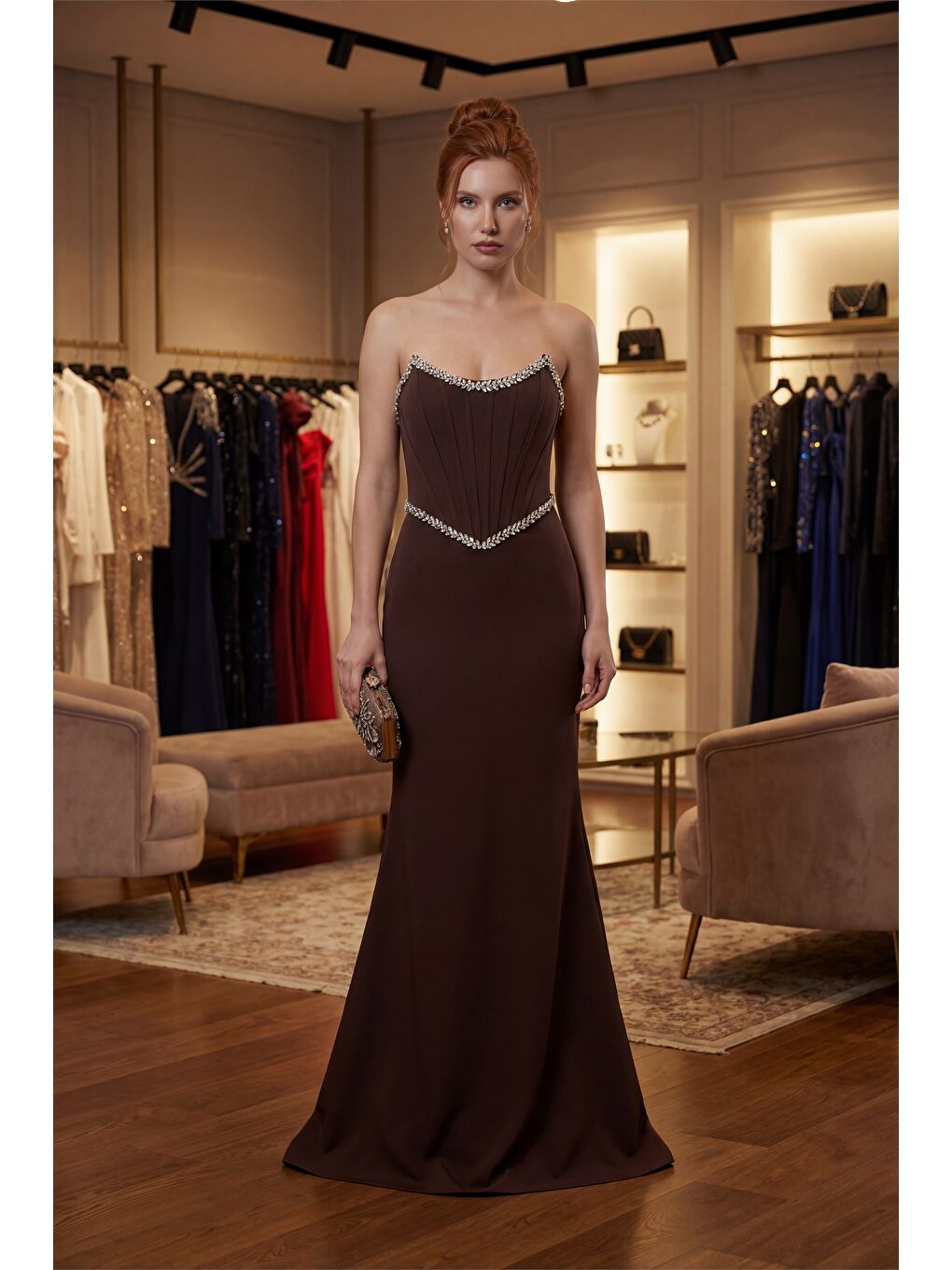 Kadın Kahverengi Dar Kalıp Straplez Taşlı Peplum Kesim Söz Nişan Nikah Abiye-3