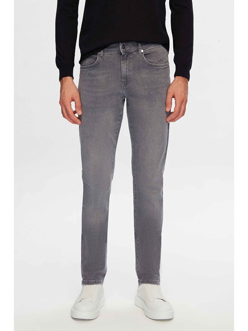 Slim Fit Gri Düz Jean Beş Cepli Elastanlı Yıkamalı Denim Pantolon
