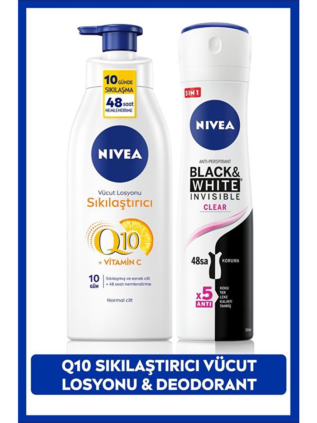 NIVEA Kadın Sprey Deodorant Black&White Clear 150ml, Q10 Sıkılaştırıcı ve Nemlendirici Vücut Losyonu 400ml