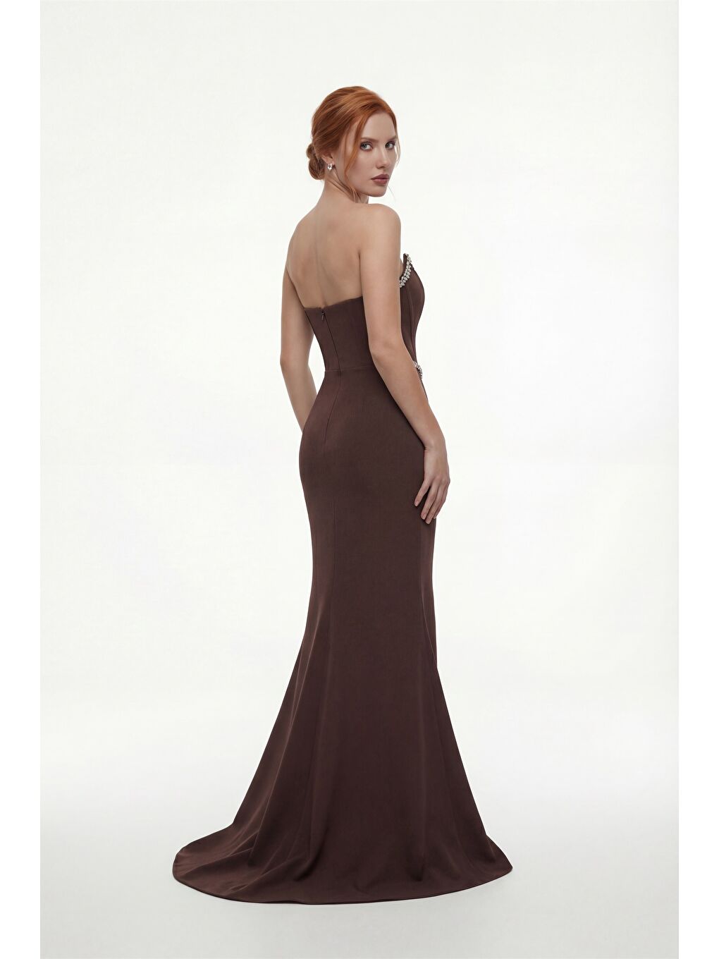 Kadın Kahverengi Dar Kalıp Straplez Taşlı Peplum Kesim Söz Nişan Nikah Abiye-4