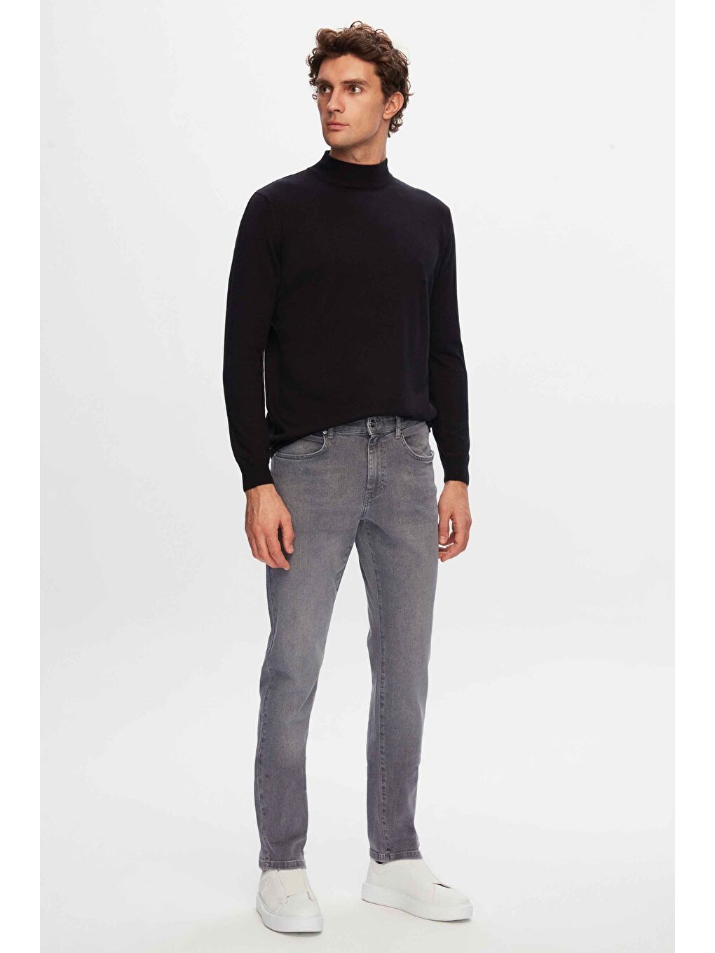 Slim Fit Gri Düz Jean Beş Cepli Elastanlı Yıkamalı Denim Pantolon-1