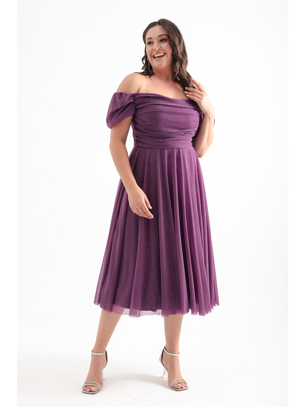 Kadın Mürdüm Kayık Yaka Drapeli Midi Kloş Büyük Beden Abiye Elbise