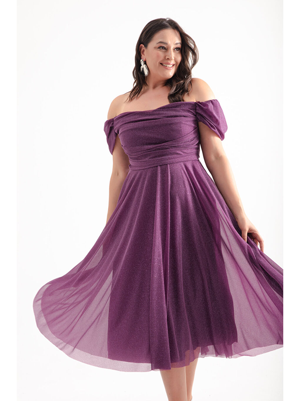 Kadın Mürdüm Kayık Yaka Drapeli Midi Kloş Büyük Beden Abiye Elbise-1