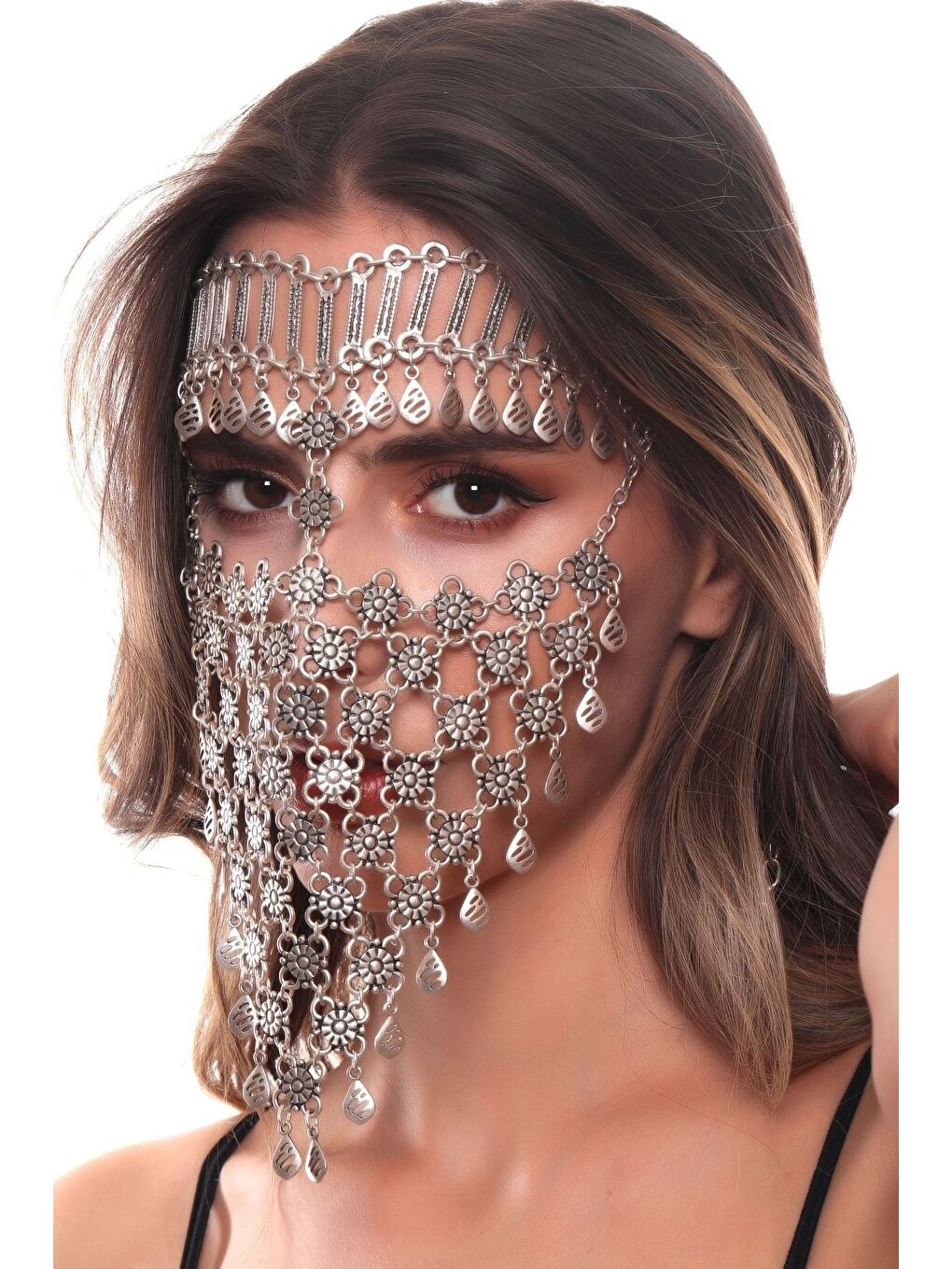 Gri Kadın Antik Gümüş Kaplama Ayarlanabilir El Yapımı Peçe-2