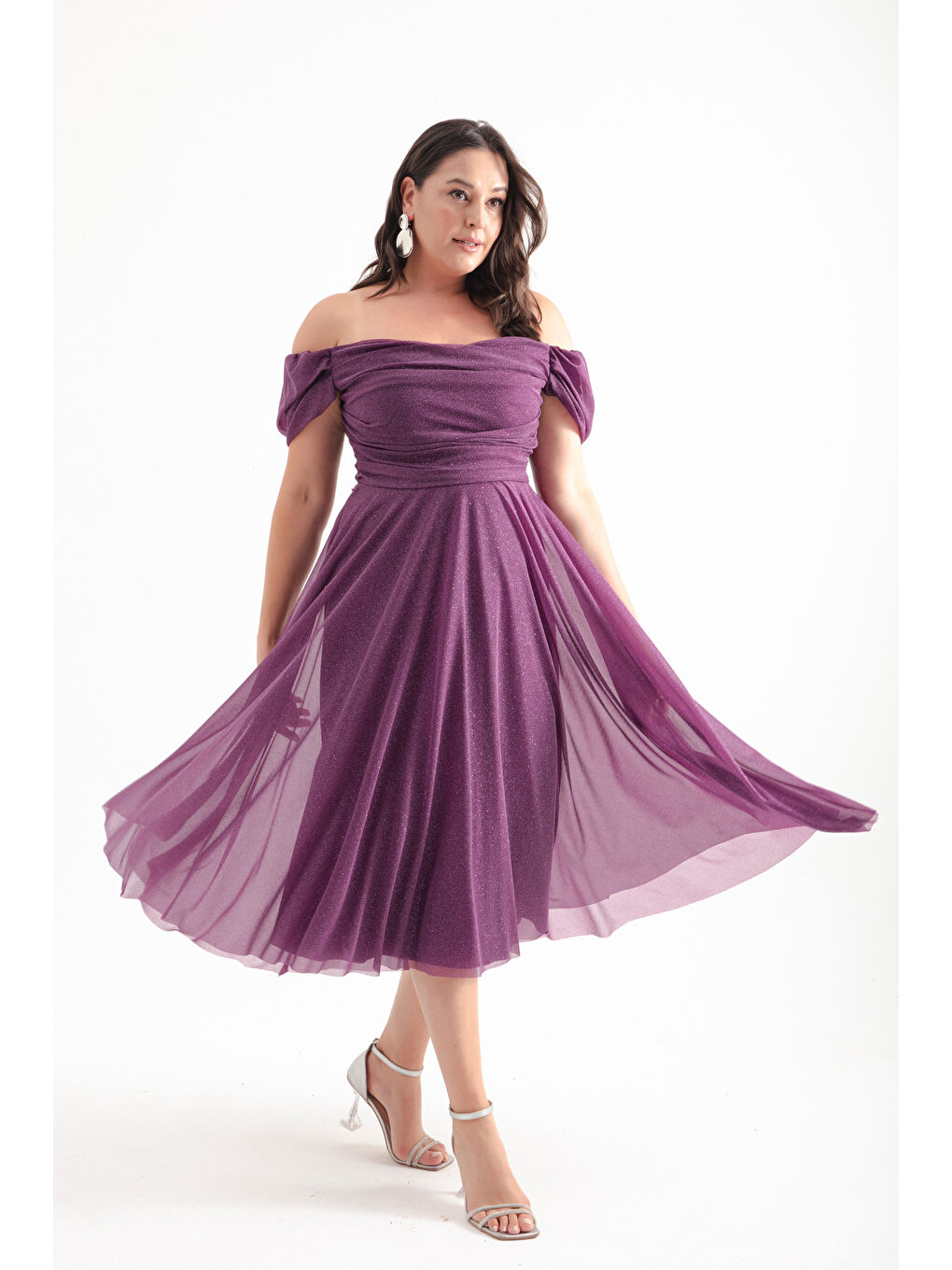 Kadın Mürdüm Kayık Yaka Drapeli Midi Kloş Büyük Beden Abiye Elbise-3