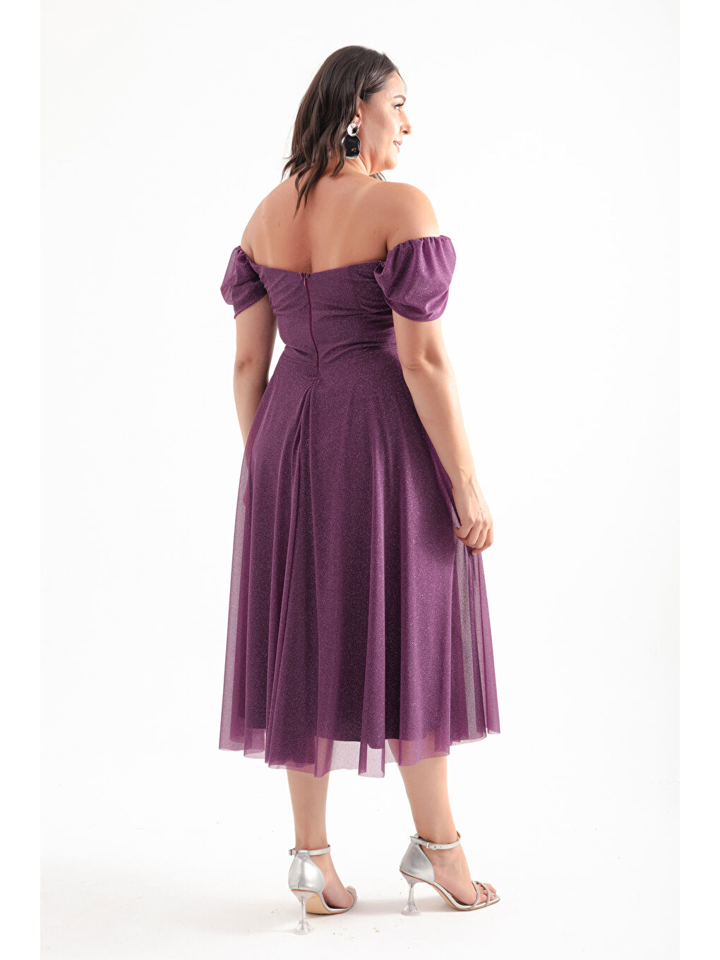 Kadın Mürdüm Kayık Yaka Drapeli Midi Kloş Büyük Beden Abiye Elbise-4