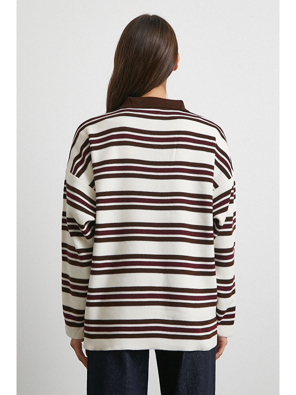 Karışık Polo Yaka Üç Düğmeli Çizgili Kazak Kahve-5