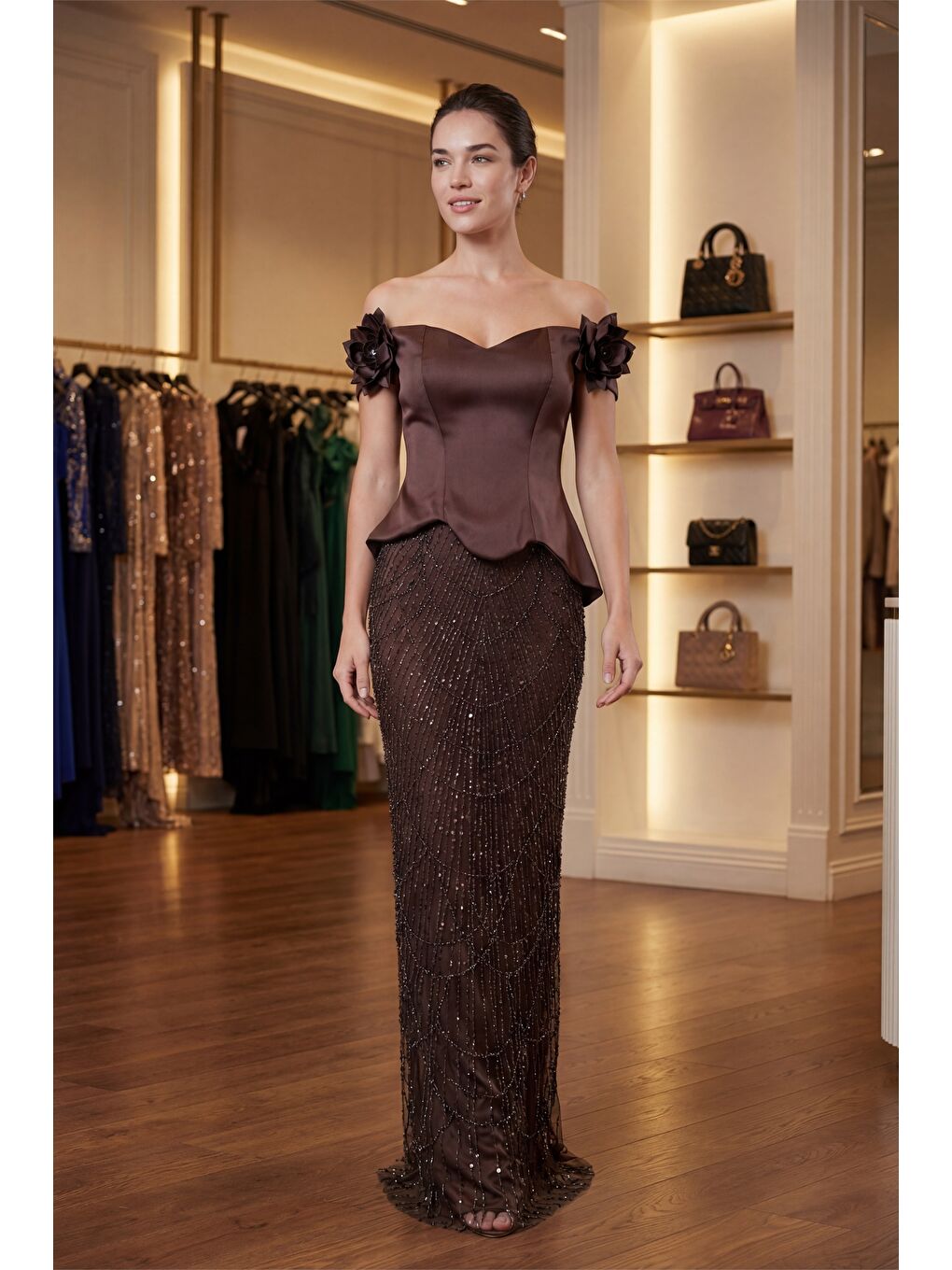 Kadın Kahverengi Kayık Yaka Çiçek Detaylı Uzun Taşlı Abiye Elbise-3