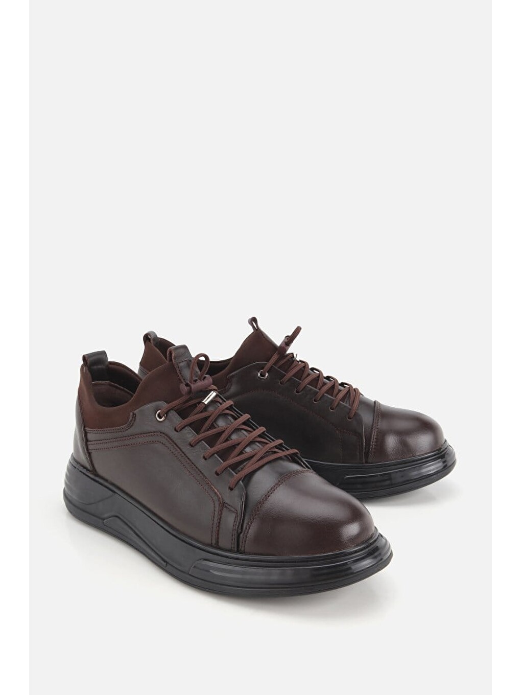 Erkek Kahverengi Deri Bağcıklı Kalın Tabanlı Sneaker-1