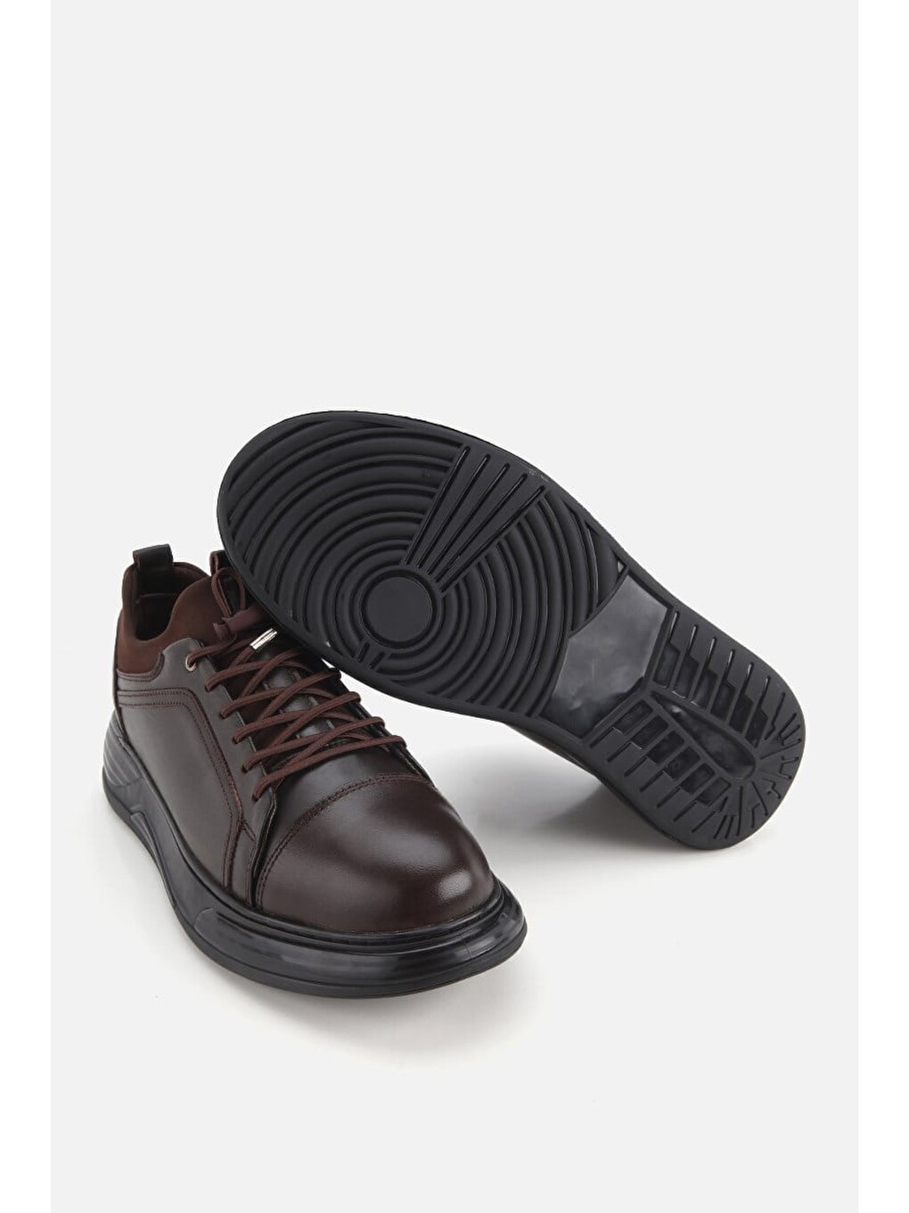 Erkek Kahverengi Deri Bağcıklı Kalın Tabanlı Sneaker-5