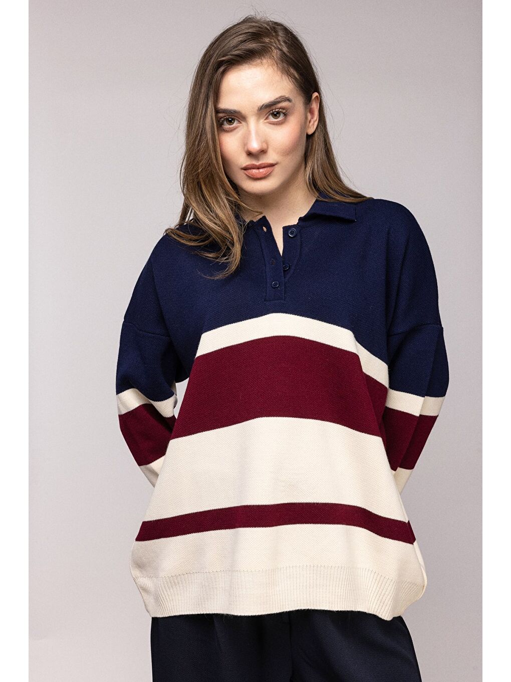 Lacivert Renk Bloklu Çizgili Polo Yaka Oversize Kazak-1