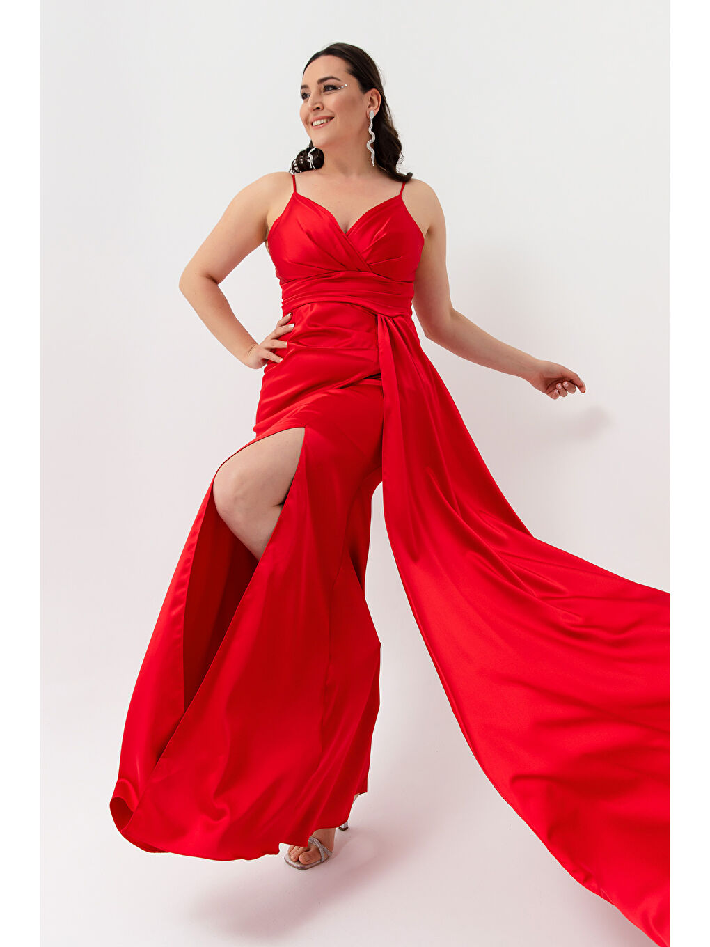 Kadın Kırmızı Büyük Beden Uzun Saten Abiye Elbise & Mezuniyet Elbisesi-1