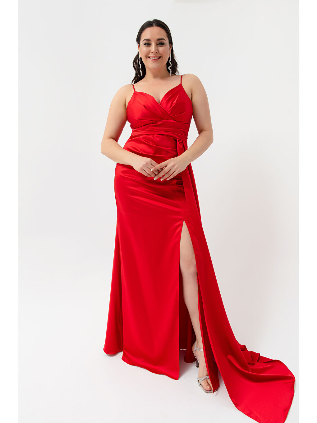 Kadın Kırmızı Büyük Beden Uzun Saten Abiye Elbise & Mezuniyet Elbisesi-2