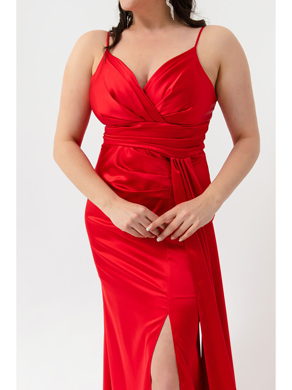 Kadın Kırmızı Büyük Beden Uzun Saten Abiye Elbise & Mezuniyet Elbisesi-3