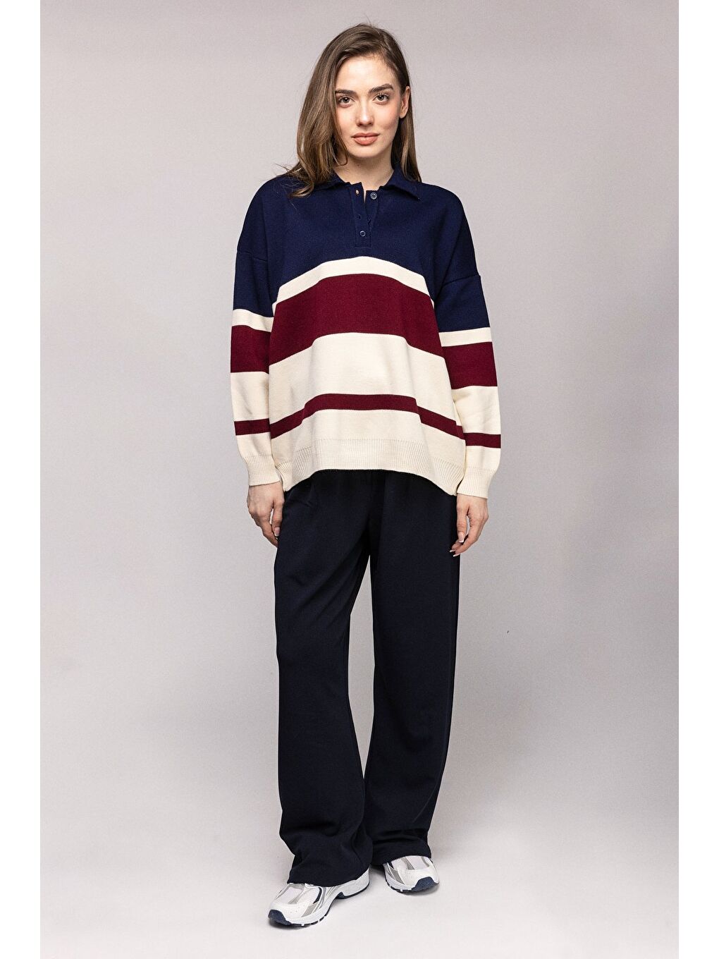 Lacivert Renk Bloklu Çizgili Polo Yaka Oversize Kazak-2