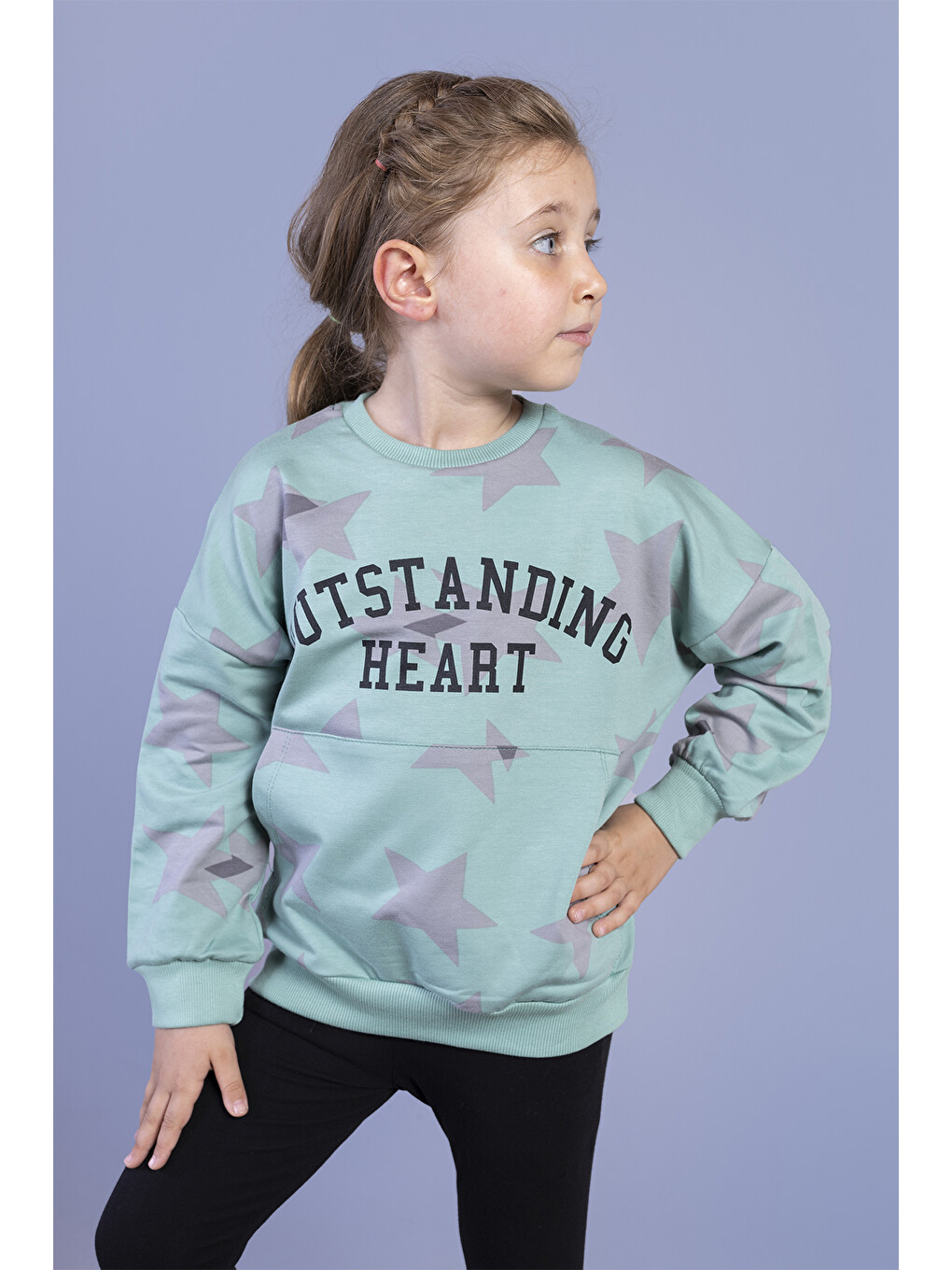 Yeşil Kız Çocuk Kanguru Cepli Baskılı Sweatshirt