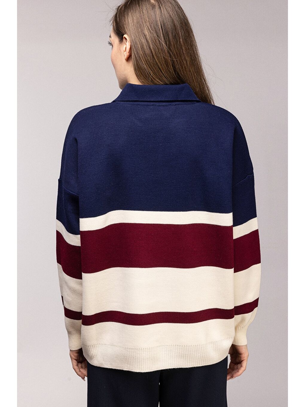 Lacivert Renk Bloklu Çizgili Polo Yaka Oversize Kazak-4