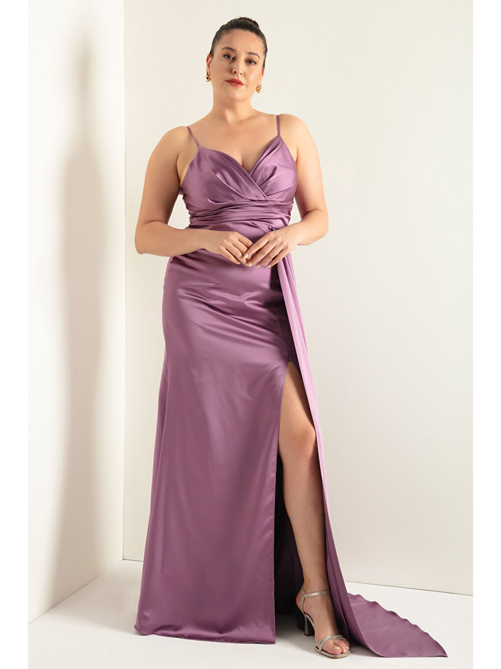 Lila Kadın Lavanta Büyük Beden Uzun Saten Abiye Elbise & Mezuniyet Elbisesi-1