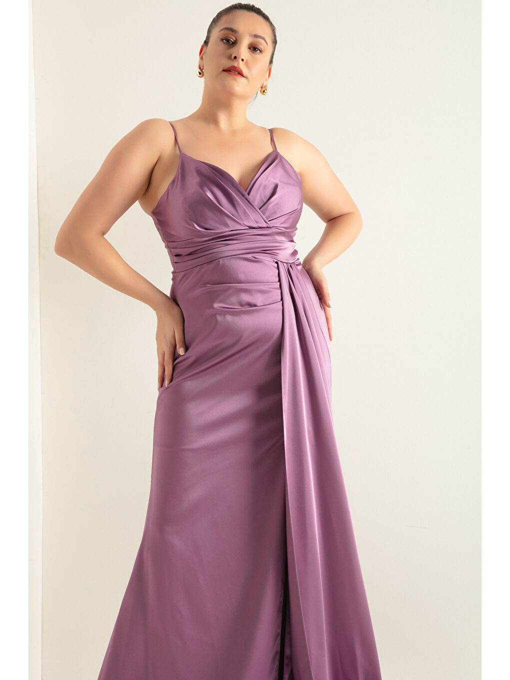 Lila Kadın Lavanta Büyük Beden Uzun Saten Abiye Elbise & Mezuniyet Elbisesi-2