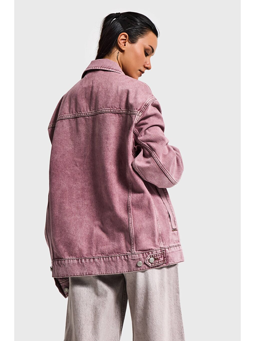 Kadın Lila 3s6-98 Oversize Özel Yıkamalı Bol Kesim Denim Ceket-1