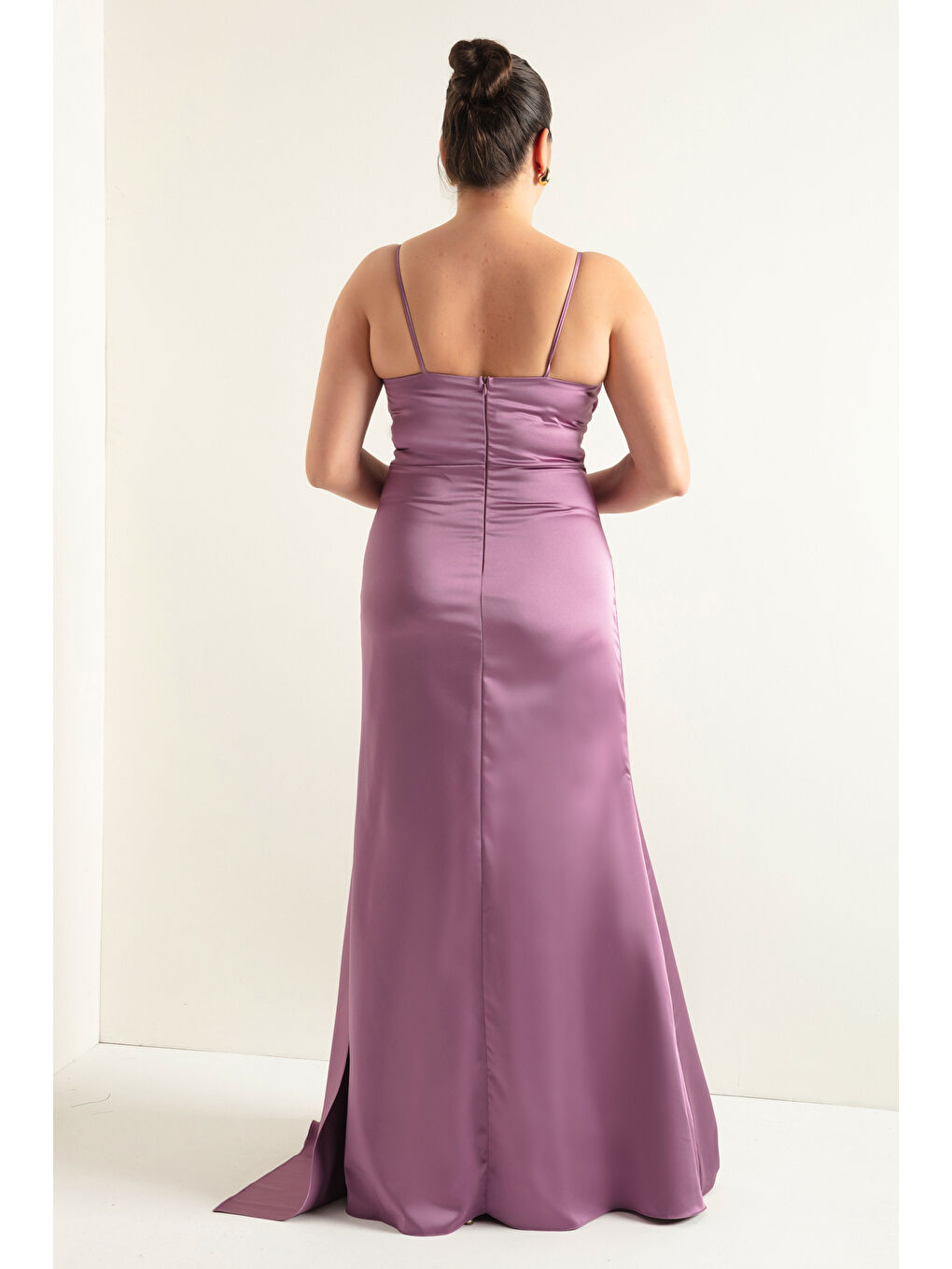 Lila Kadın Lavanta Büyük Beden Uzun Saten Abiye Elbise & Mezuniyet Elbisesi-4