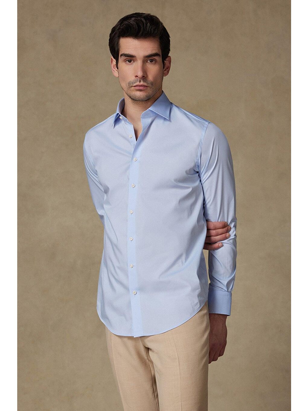 Enzo Poplin Stretch Pamuk Karışımlı Slim Fit Açık Mavi Klasik Yaka Erkek Düz Gömlek