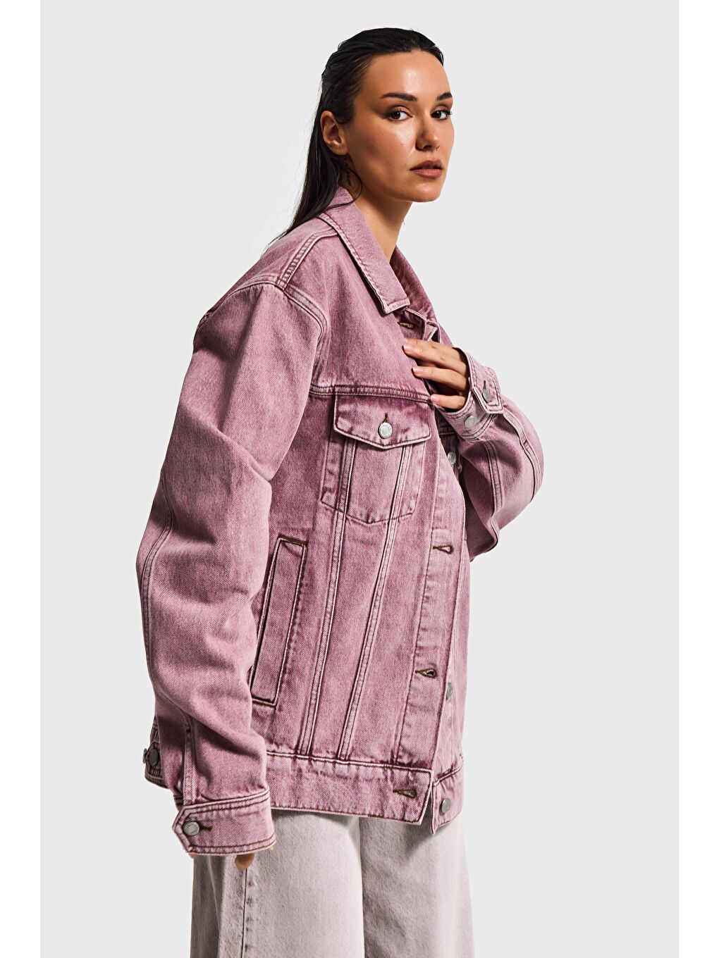 Kadın Lila 3s6-98 Oversize Özel Yıkamalı Bol Kesim Denim Ceket-2