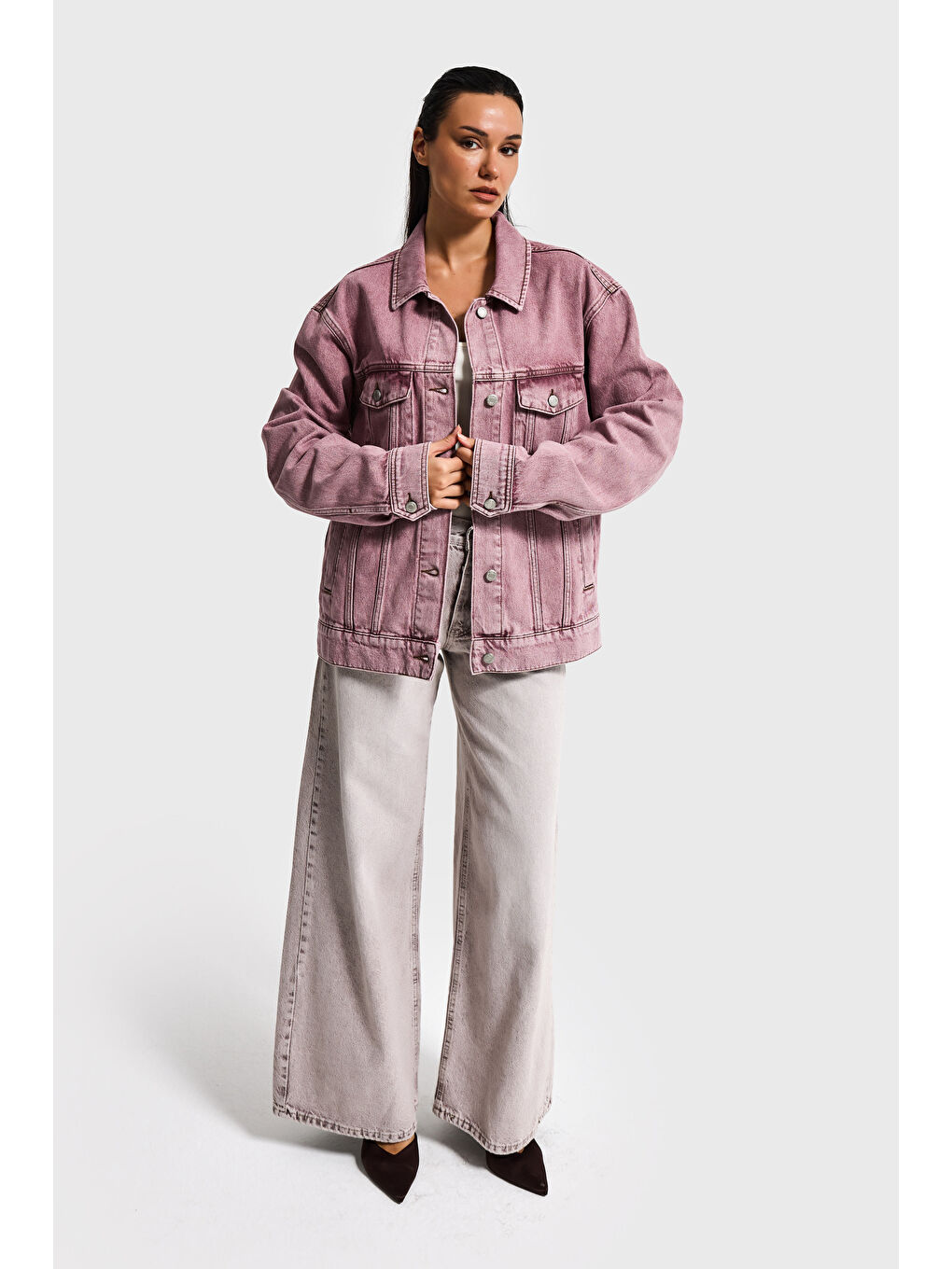 Kadın Lila 3s6-98 Oversize Özel Yıkamalı Bol Kesim Denim Ceket-3