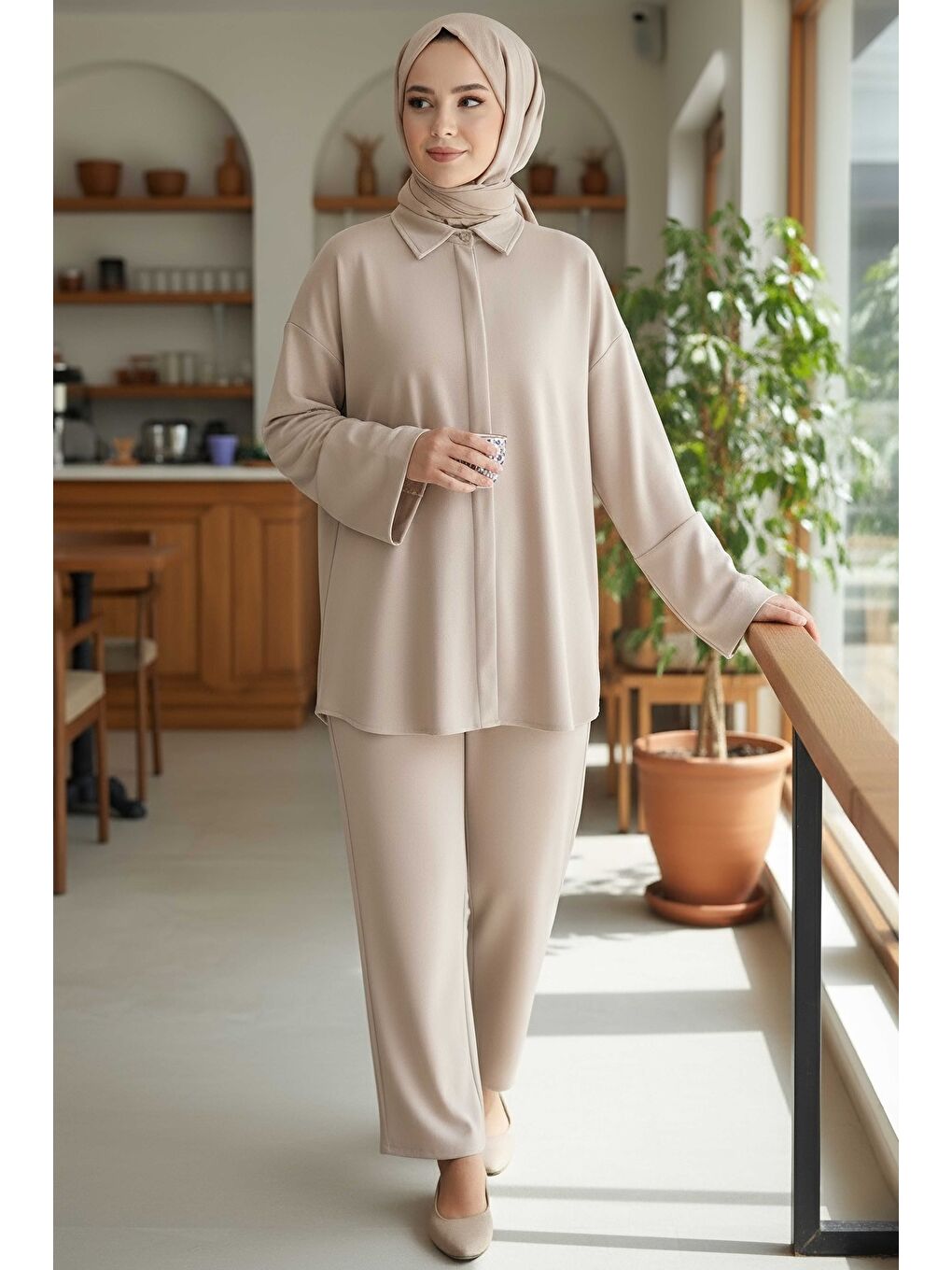 Ekru Geniş Kollu Modaal İkili Takım Krem - 28059-KREM-1