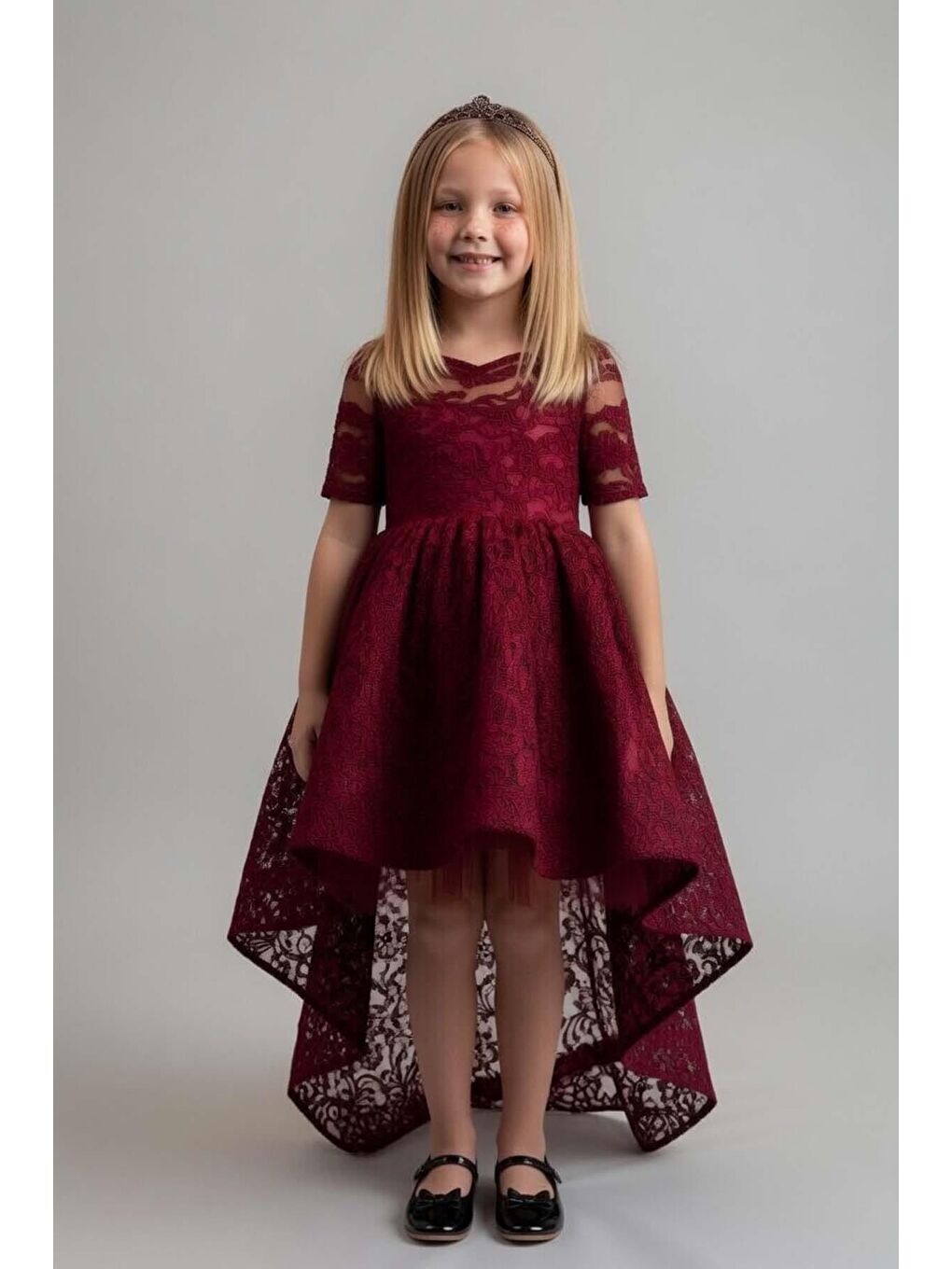 Kız Çocuk Kayık Yaka Üzeri Dantel Detaylı Kuyruklu Bordo Abiye-1