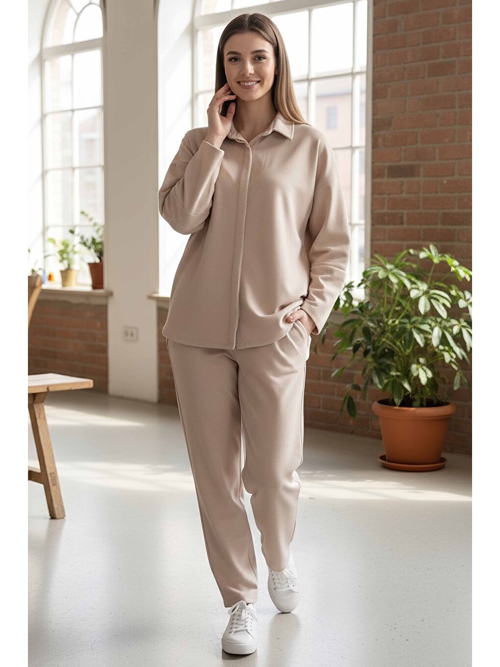 Ekru Geniş Kollu Modaal İkili Takım Krem - 28059-KREM-2