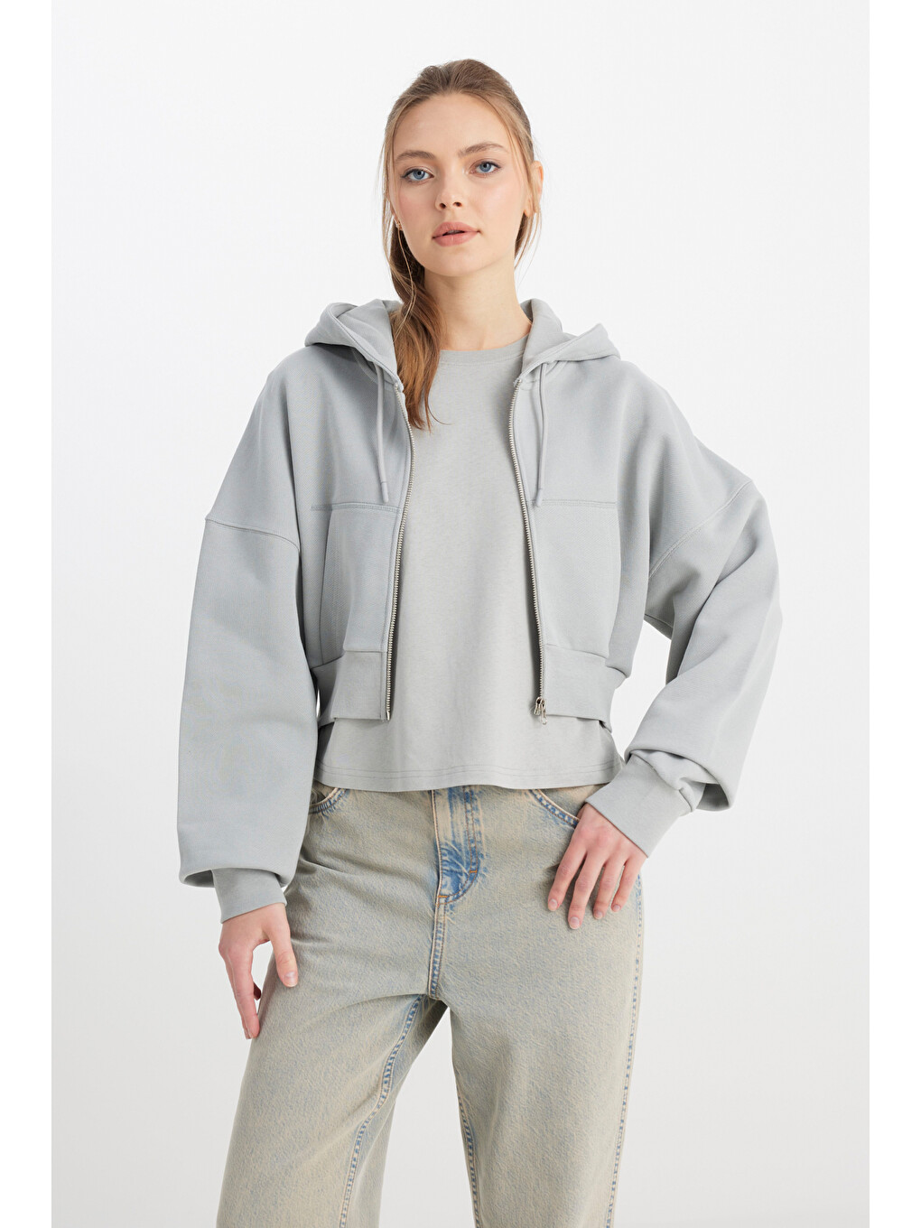 Relaxed Fit Geniş Kesim Kapüşonlu Fermuarlı %100 Pamuk Gri Sweatshirt Ceket