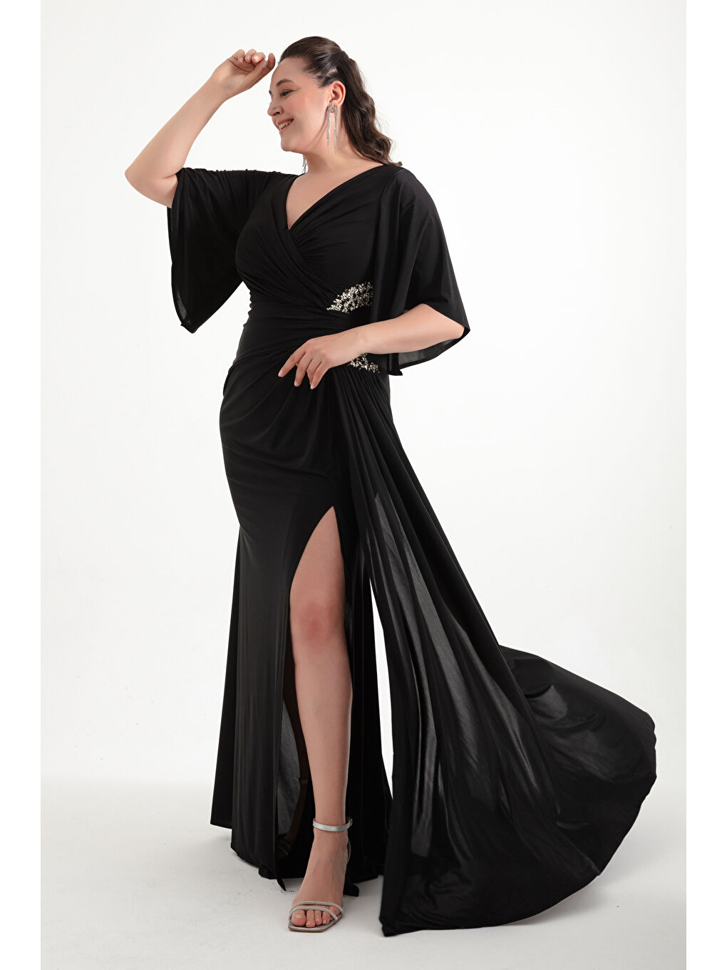 Kadın Siyah Yanı Taşlı Büyük Beden Uzun Abiye Elbise-1