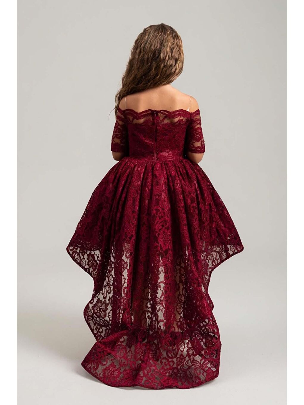 Kız Çocuk Kayık Yaka Üzeri Dantel Detaylı Kuyruklu Bordo Abiye-2