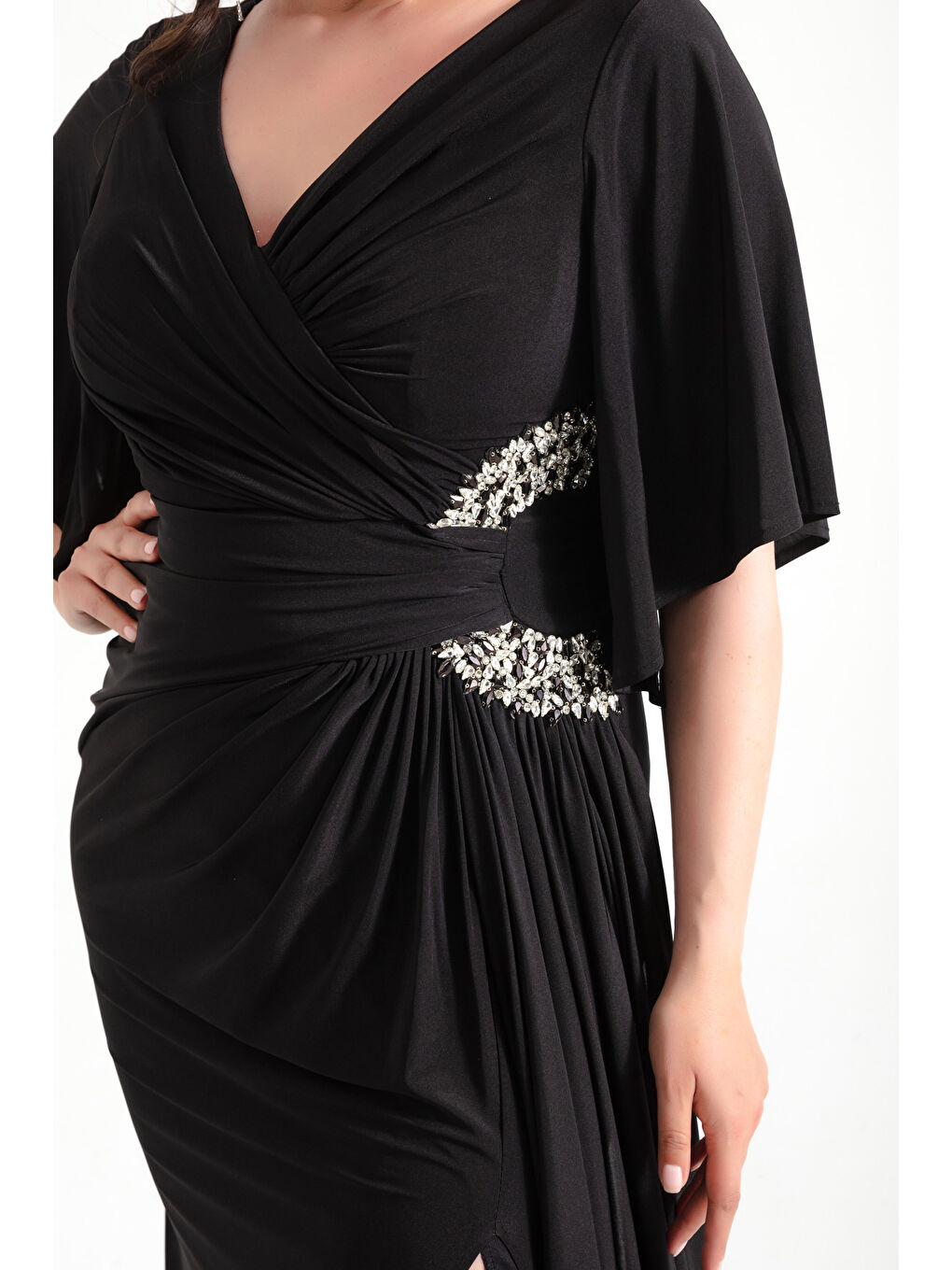 Kadın Siyah Yanı Taşlı Büyük Beden Uzun Abiye Elbise-3