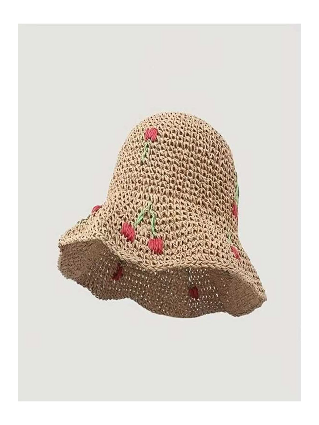 Kahverengi Camel Geniş Kenarlı El Örgüsü Hasır Şapka Kiraz Desenli Zarif Aksesuar Güneşten Koruma HSR2098-1