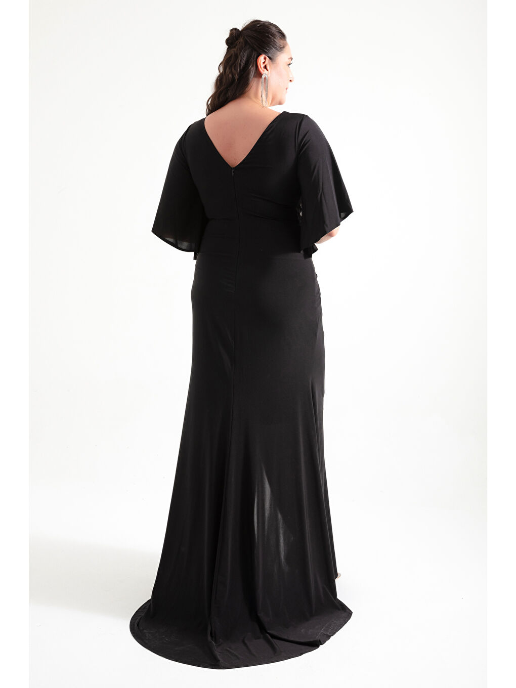 Kadın Siyah Yanı Taşlı Büyük Beden Uzun Abiye Elbise-4