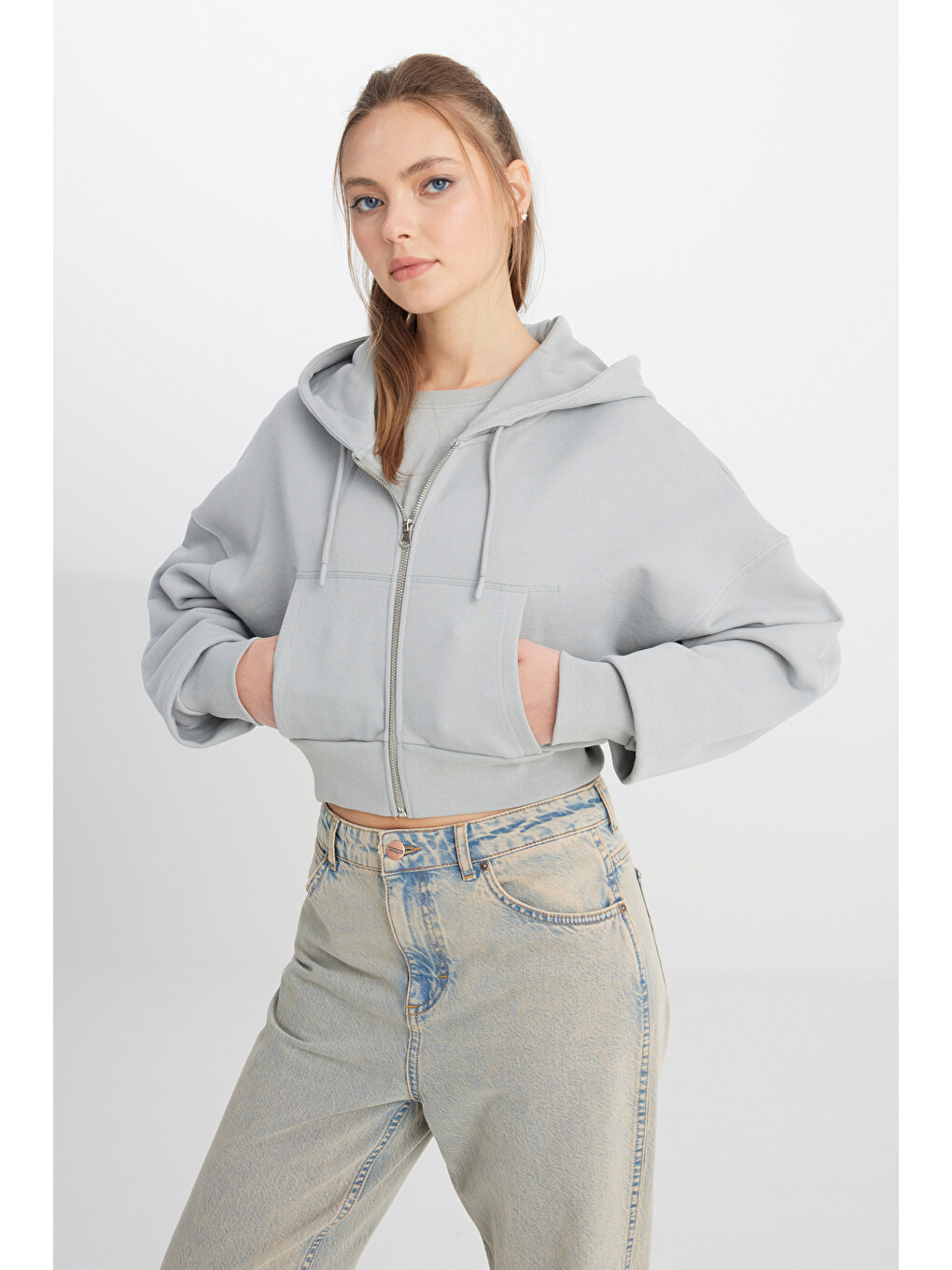 Relaxed Fit Geniş Kesim Kapüşonlu Fermuarlı %100 Pamuk Gri Sweatshirt Ceket-1