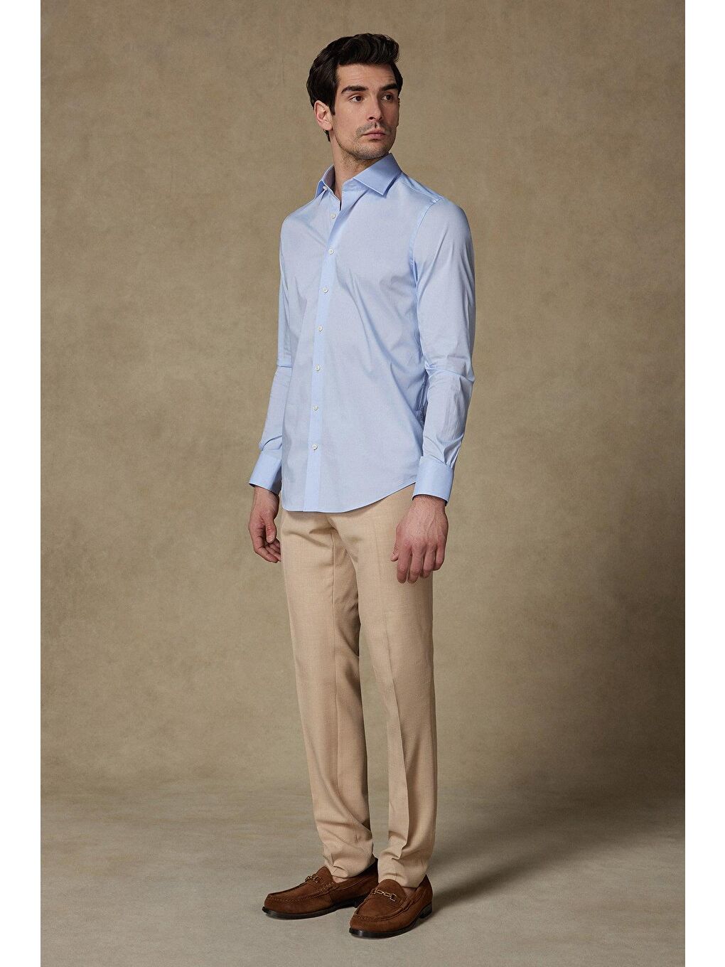 Enzo Poplin Stretch Pamuk Karışımlı Slim Fit Açık Mavi Klasik Yaka Erkek Düz Gömlek-2