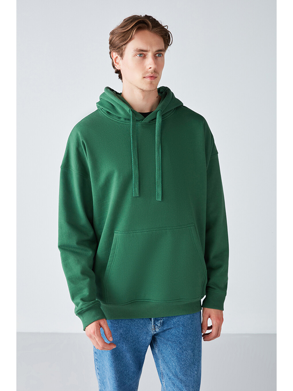 Steve Erkek Yumusaçık Kumaşlı Kordonlu Oversize Kapüşonlu Kanguru Cepli Yeşil Sweatshirt-3