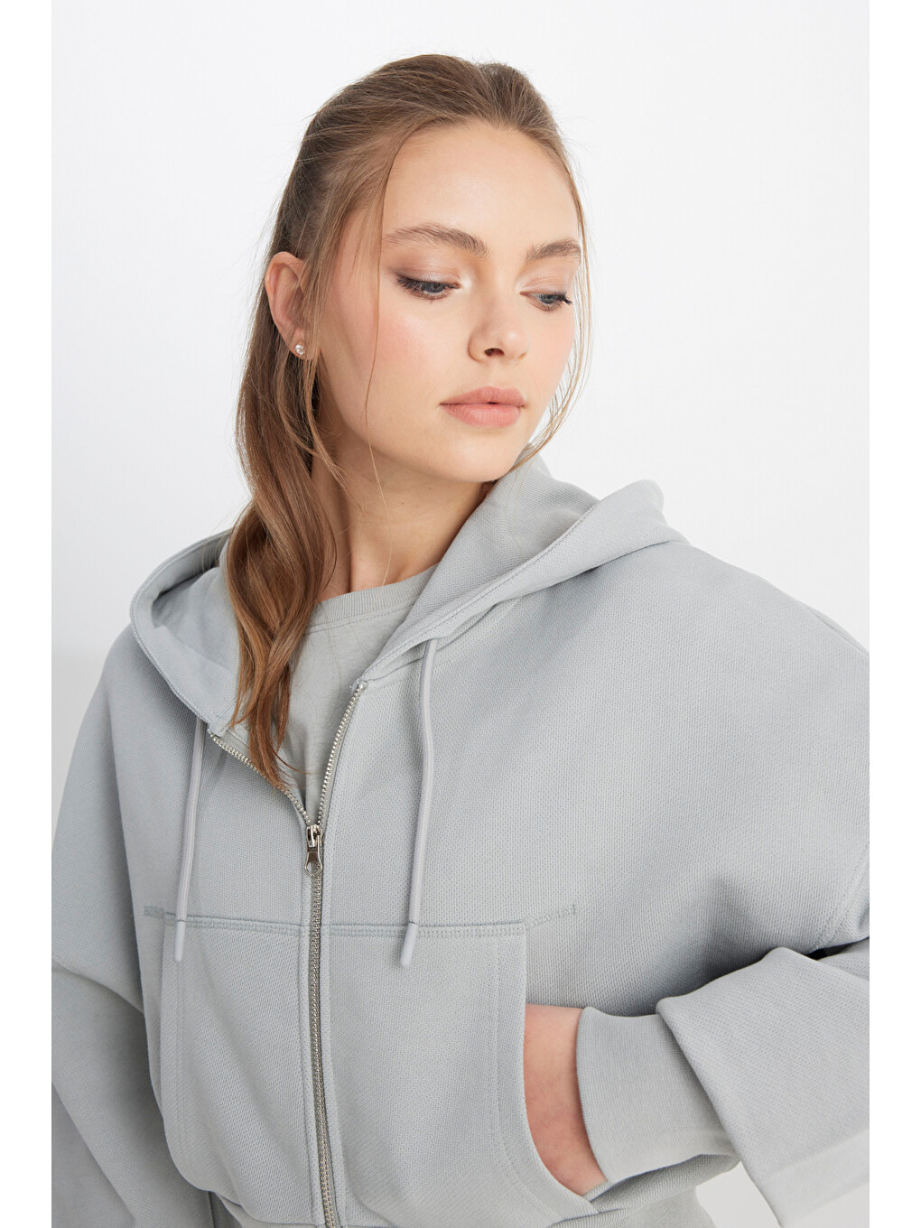 Relaxed Fit Geniş Kesim Kapüşonlu Fermuarlı %100 Pamuk Gri Sweatshirt Ceket-2