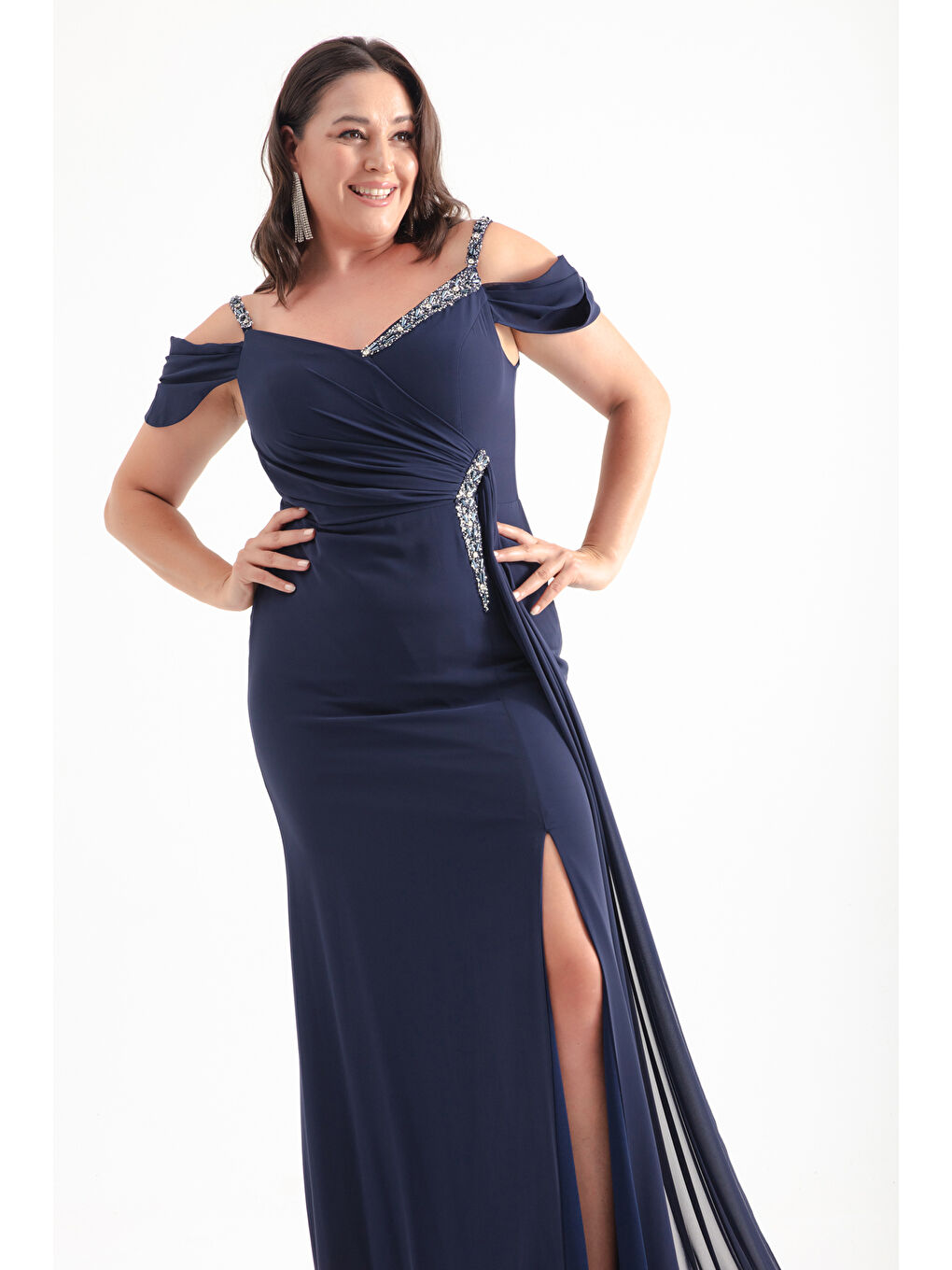 Kadın Lacivert Askılı Taşlı Büyük Beden Abiye Elbise-3