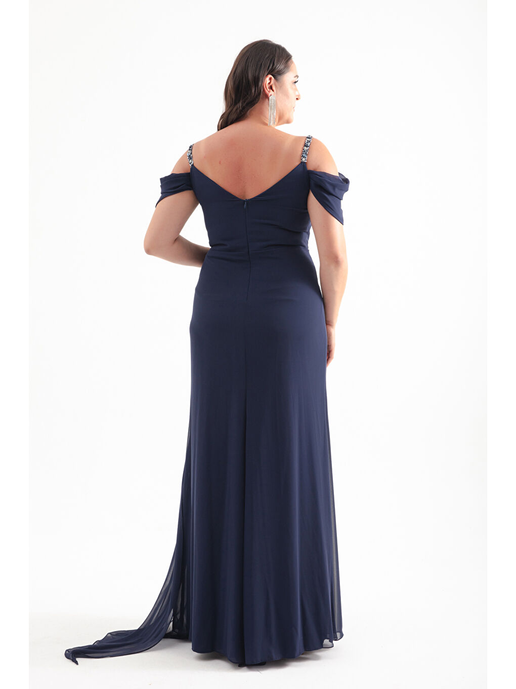 Kadın Lacivert Askılı Taşlı Büyük Beden Abiye Elbise-4