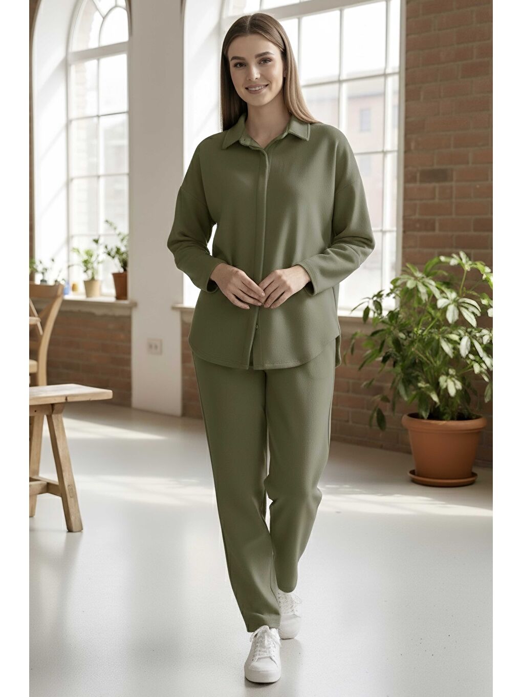 Geniş Kollu Modaal İkili Takım Haki - 28059-HAKI-1